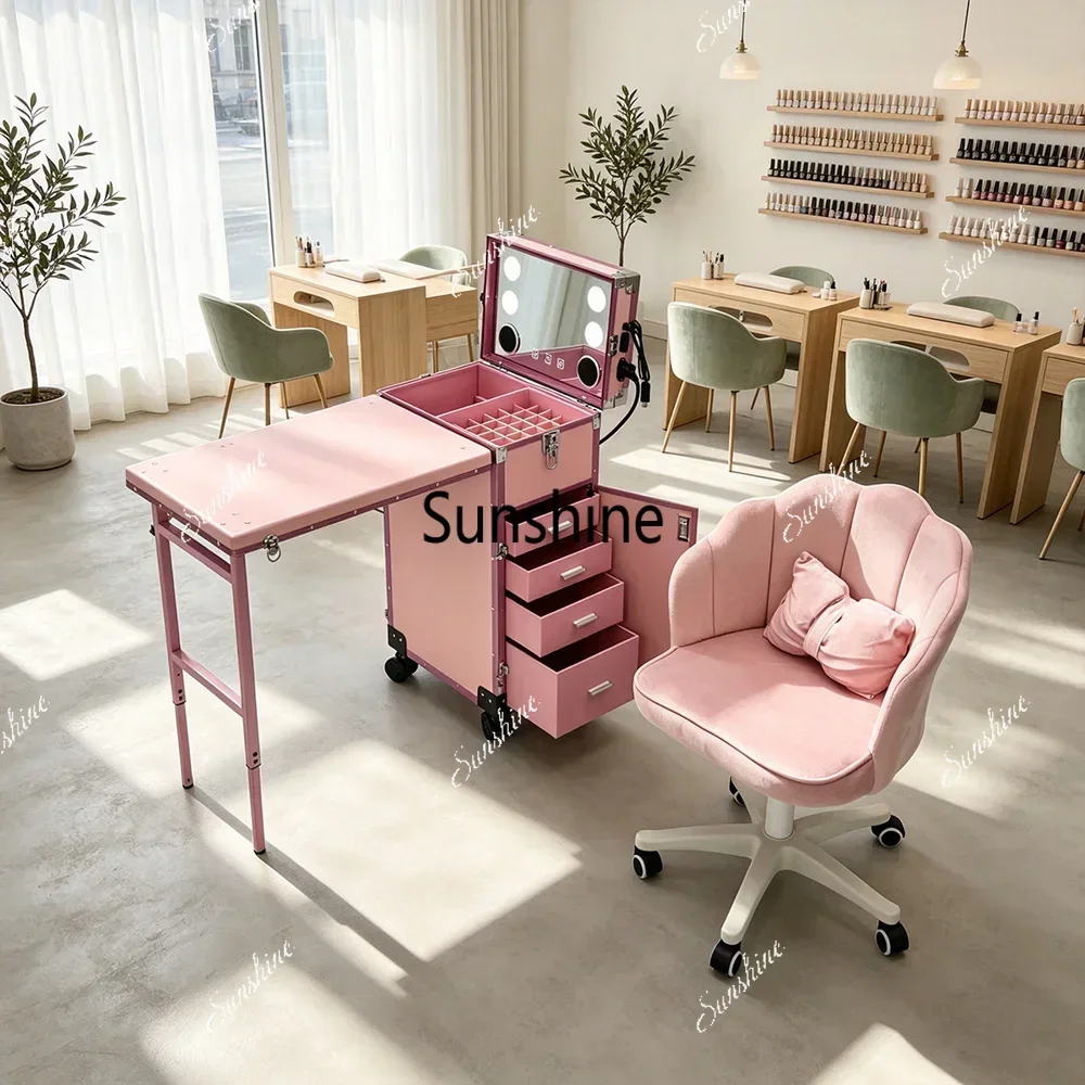 Pink Portable Manicure Table LED Mirror Drawers & Wheels, Folding Rolling Nail Desk Chair Set, Salon Furniture for Nail TechT*