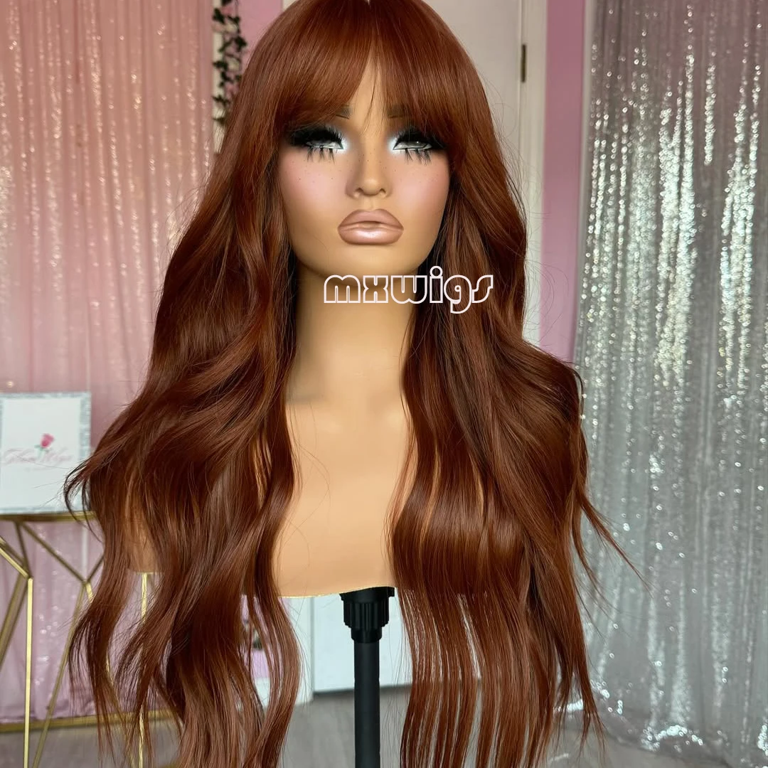 MXWIG Synthetic Hair Bangs Ginger Deep Wave Glueless 13X4 Lace Front Wig For Black Women Preplucked  Long Daily Fiber Cosplay