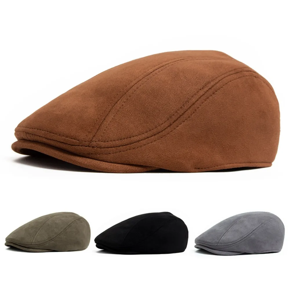 Flat Visor Cap Short Brim Retro Forward Hat Smooth Keep Warm Suede Painter Cap Windproof Cold Proof Peaked Cap Autumn