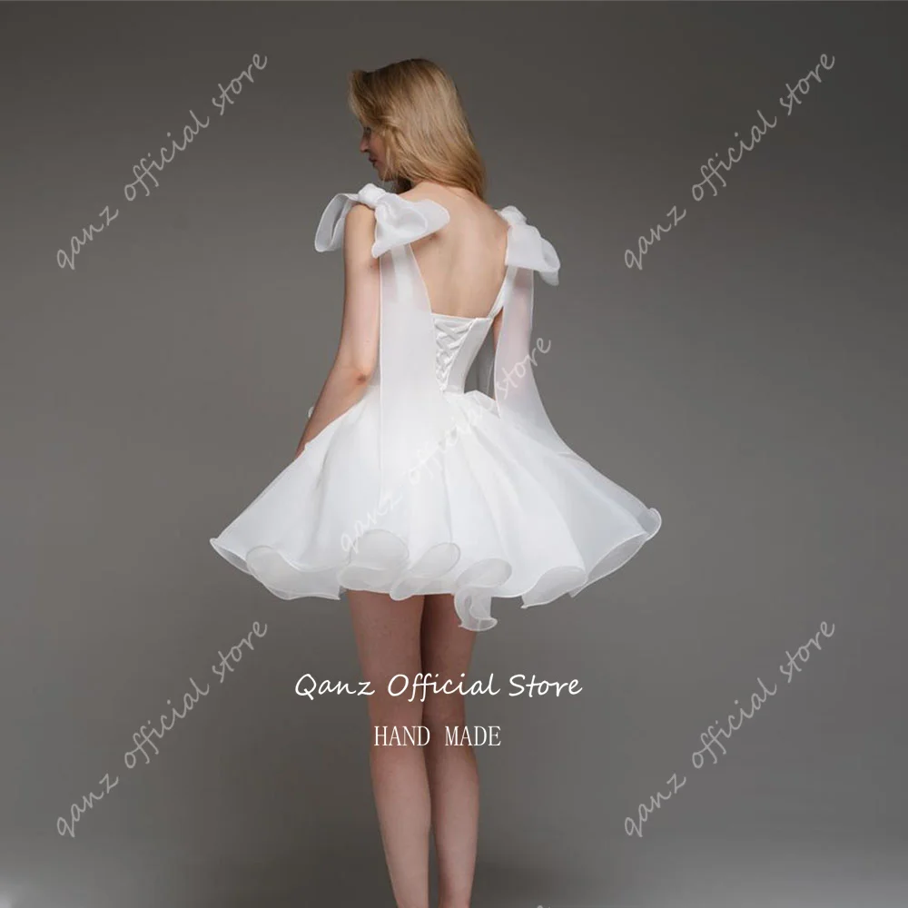 Qanz White Organza Wedding Dress Bow Straps Short A Line Sweetheart Party Dresses Lace Up BackVestido Blanco De Boda Customized