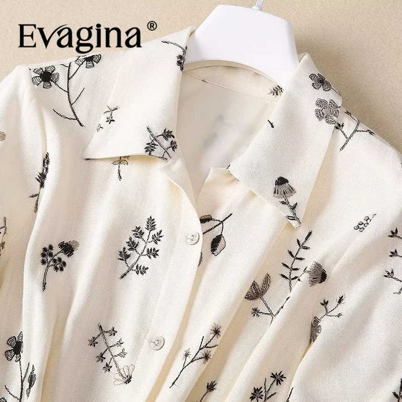 Evagina Summer Women's Dress Turn-Down Collar Short-Sleeved Single-Breasted Lace-Up Linen Embroidered Vintage Elegant Dresses