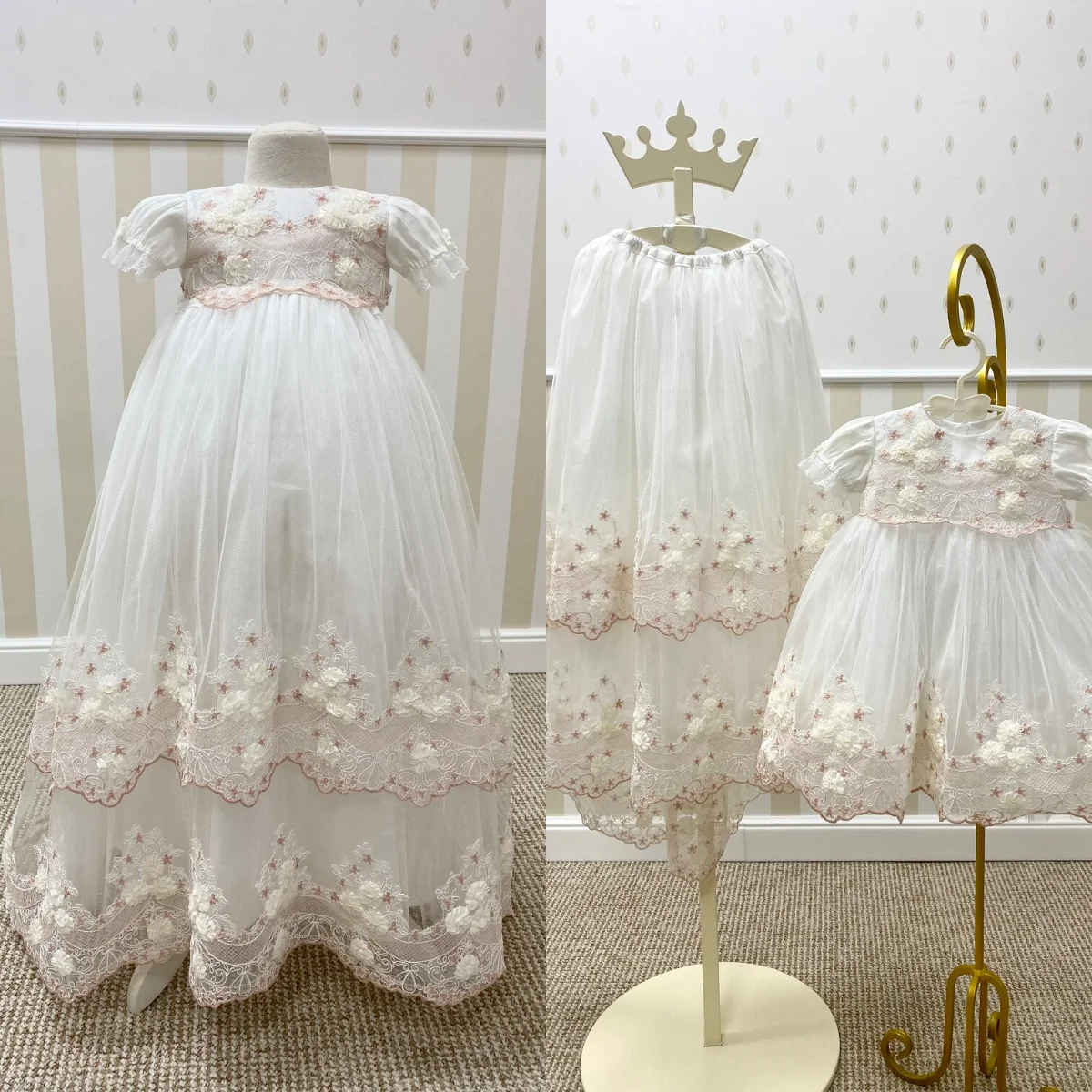 Convertible Baptism Gown Skirt and Dress Set Lace Christening Gown with Removable Skirt Making it After Party Flower Girl Dress