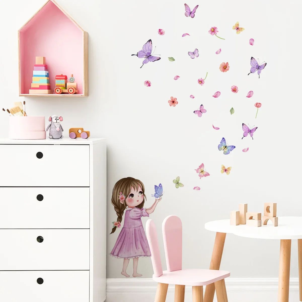 30*40cm Flower Little Girl Color Butterfly Cartoon Cute Wall Sticker Background Wall Living Room Decoration Mural Wall Sticker