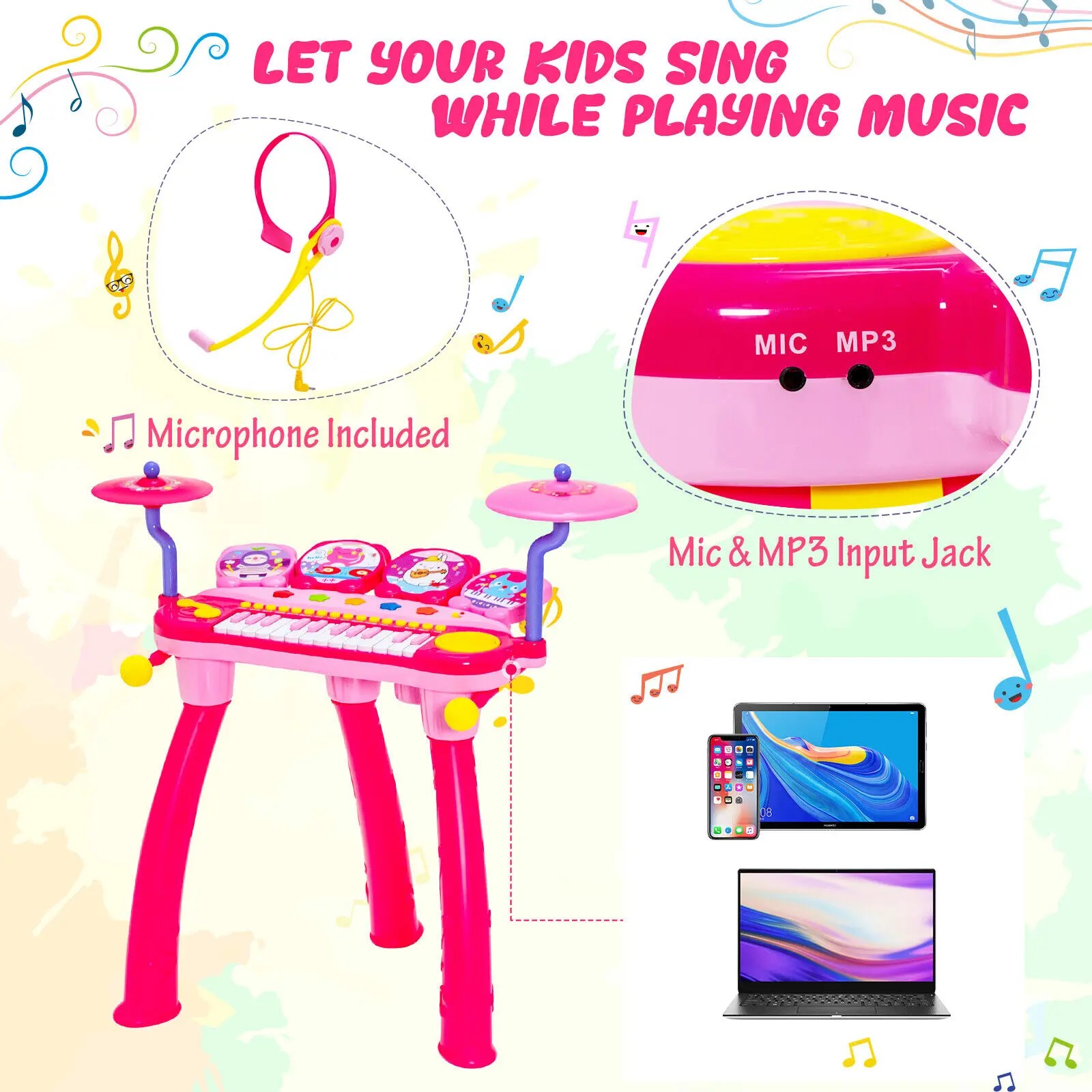 Babyjoy 24 Phím DJ Bàn Phím Piano Trống Đồ Chơi Nhạc Cụ W/MP3 Micro Kiêm La Bàn Màu Hồng