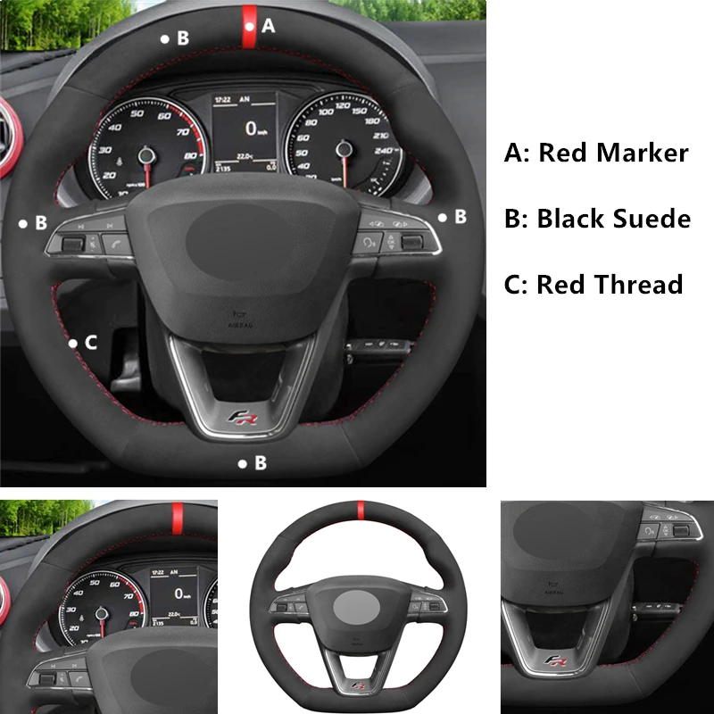 Black Suede Red Marker Car Steering Wheel Cover For Seat Leon Cupra R Leon ST Cupra Leon ST Cupra Ateca Cupra Ateca FR