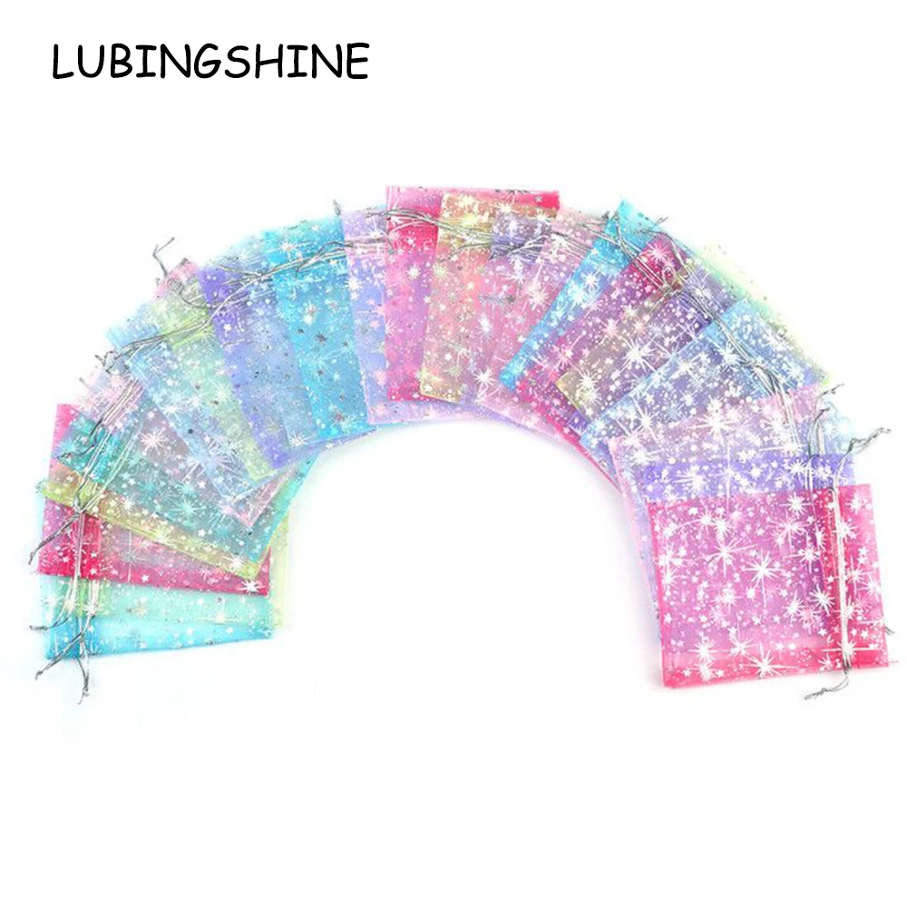 LUBINGSHINE 50pcs/lot Organza Gift Bags Strap Drawstring Candy Pouches Wholesale Jewellery Packaging With Star 9*12 cm