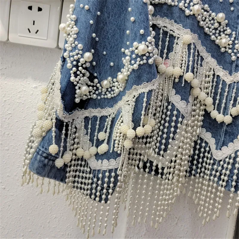Travail lourd perles gland Denim veste femmes printemps bleu foncé ample court vêtements d'extérieur grande poche à manches longues jean veste femme