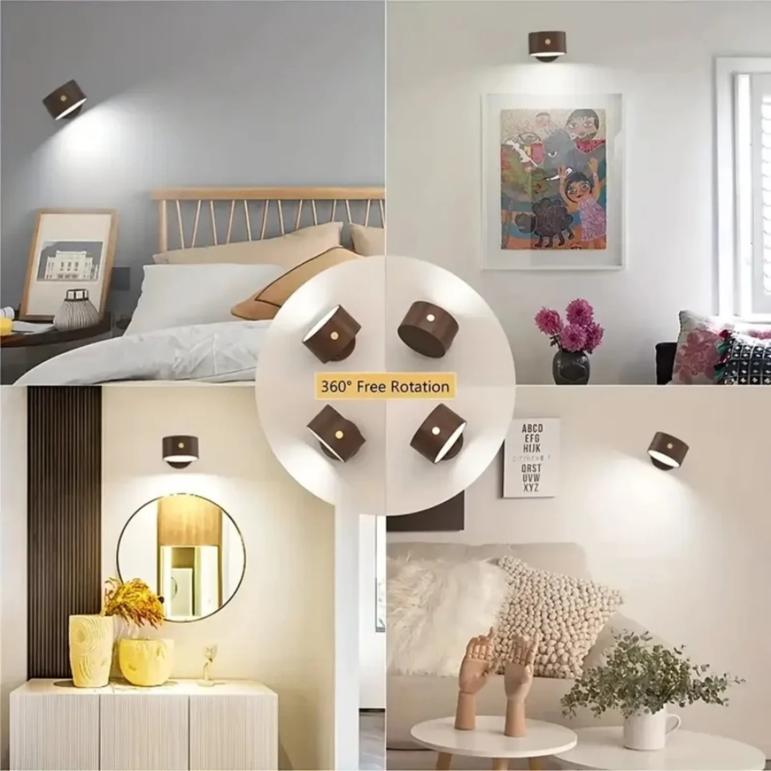 1 PC  Wood USB Rechargeable  Degree Rotate  Wall Lamp Touch Control LED Mounted Reading Wall Light  Bedroom