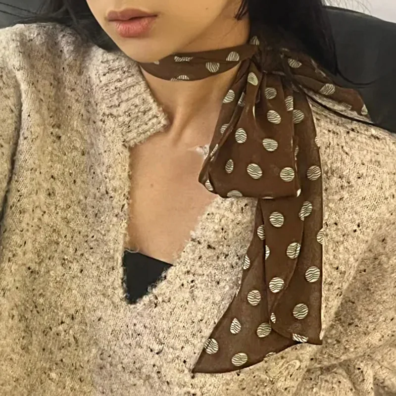 

2025 New Ins Style Brown Polka Dot Silk Scarf Printed High-end Versatile Accessories Neck Women Headband Tied Hair Long Scarf