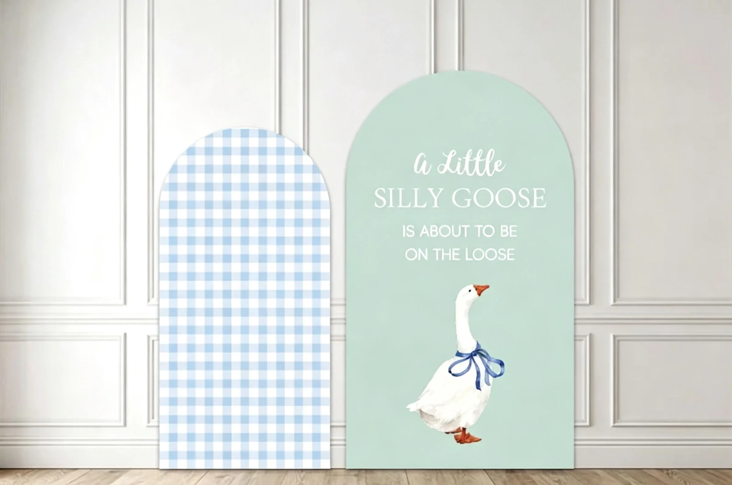 Custom 2-Side Silly Goose Baby Shower Arch Backdrop Cover Blue Plaids Diy Name Age Birthday Party Decor Backdrop Photo
