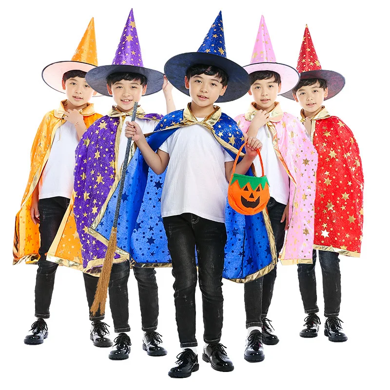 1pc Halloween Costume Satin Bronzing Cape with Hat for Kids Boys Wizard and Girls Witch Cosplay Halloween Party