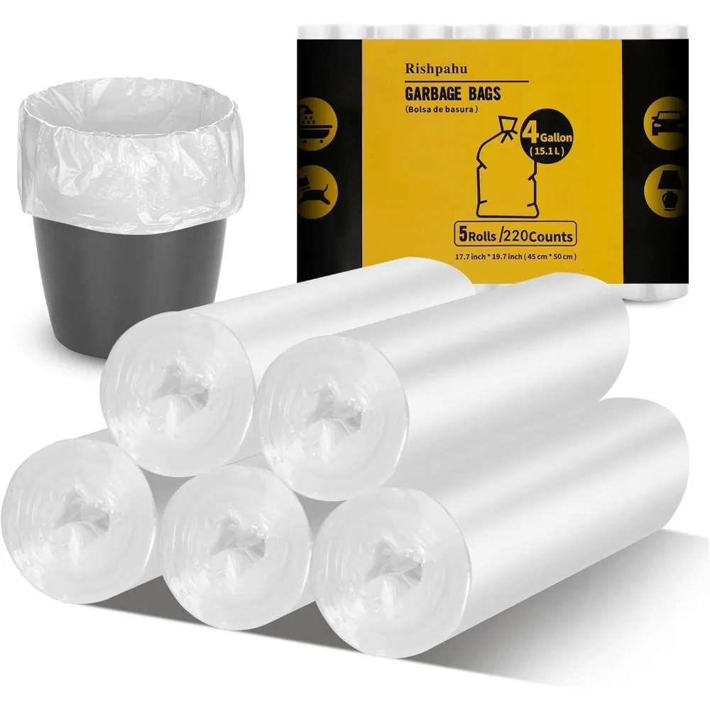 

220-Count 4 Gallon Small Trash Bags, Flexible & Durable, Unscented & Easy-Tear for Kitchen Bathroom Office