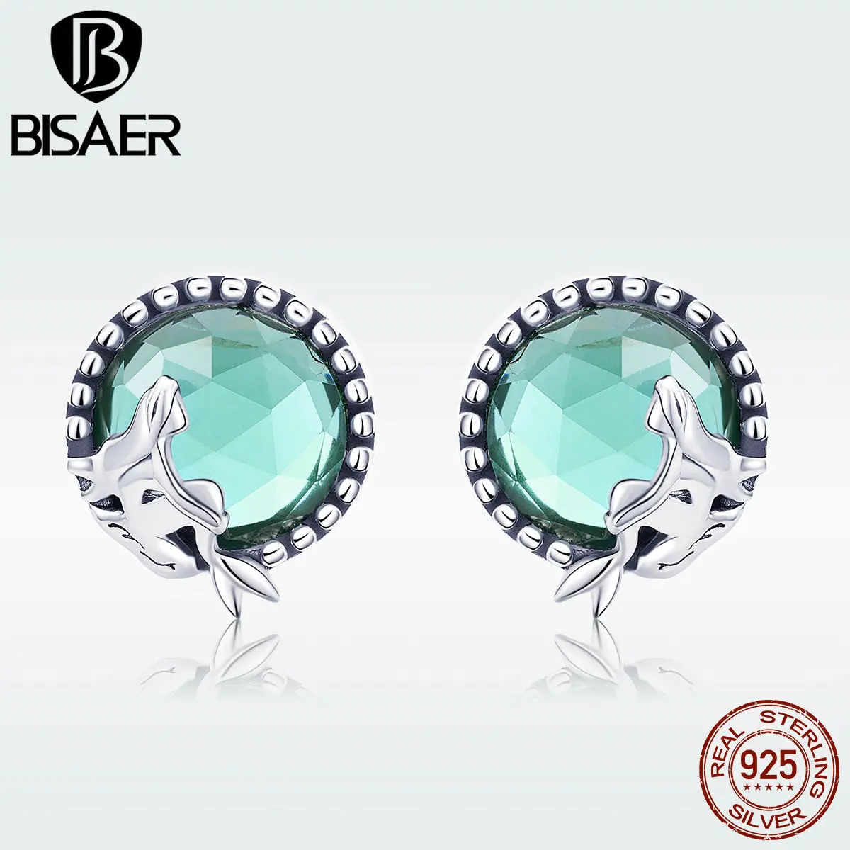 BISAER 925 Sterling Silver Mermaid Stud Earring Fairy Story Light Green CZ For Women Party Original Fine Jewelry ECE383