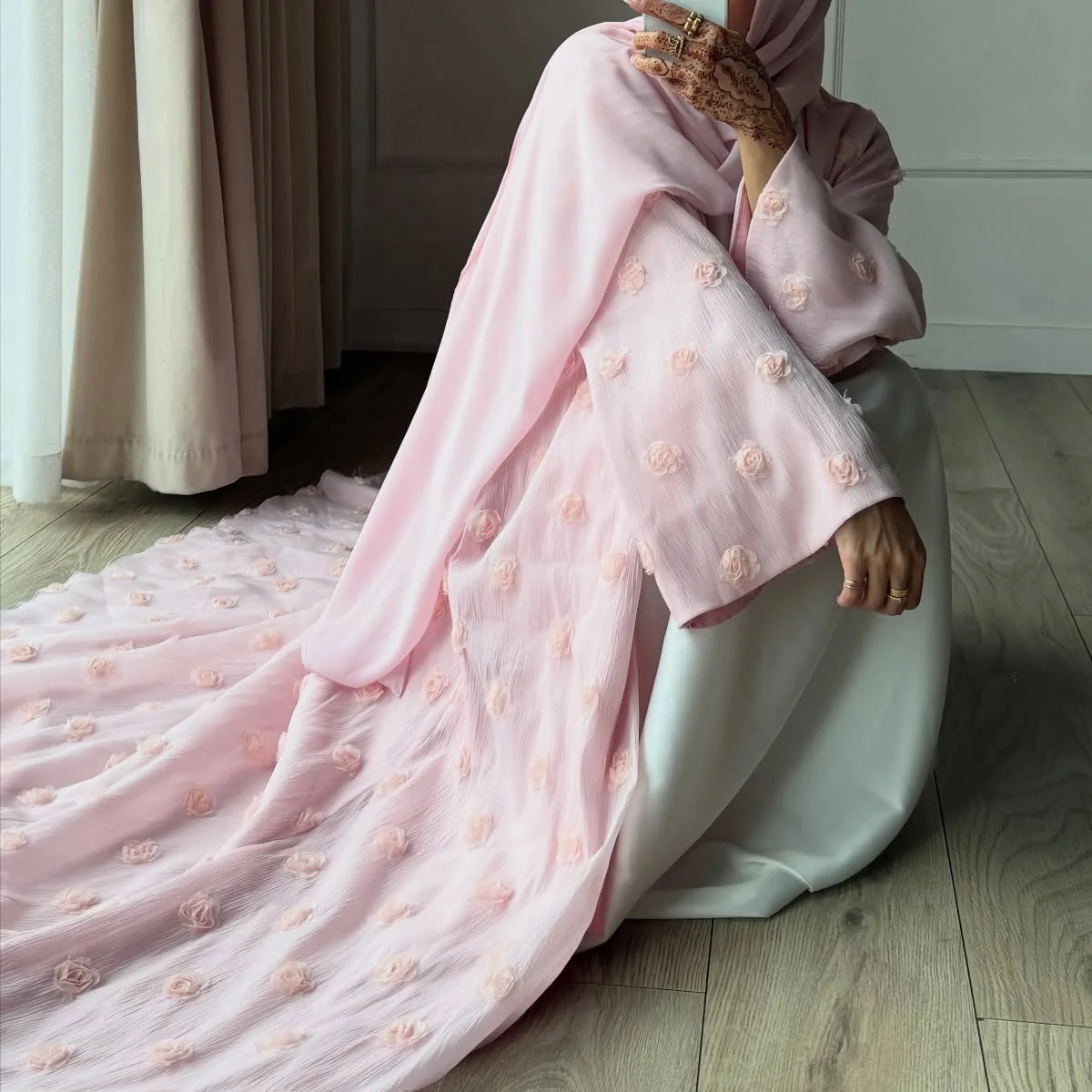 Ramadan Eid Evening Party Wedding Events 3D Flower Dreamy Abaya with Shawl Scarf, Dubai Islamic Clothing Muslim Women Kaftans
