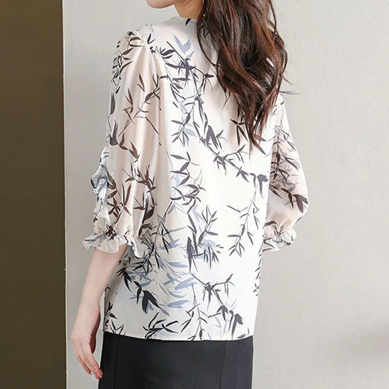 Blusa feminina estampada com decote em V, camisa manga 3/4, roupa feminina, miúdo solto, emendado, trajeto, moda, verão