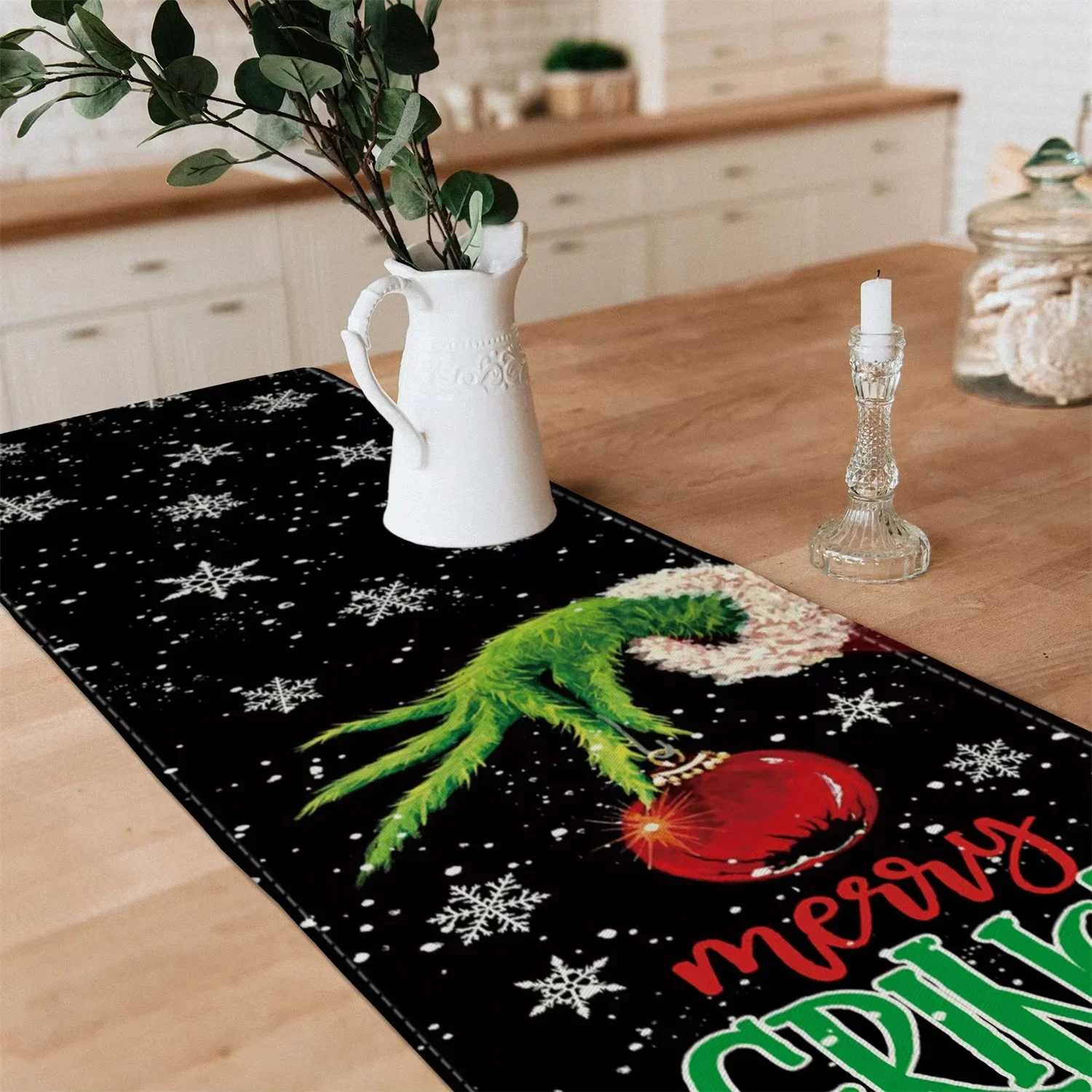 Multi purpose black Grinch Christmas table flag，holiday movie quote for home decoration,tablecloth for dining dining tables