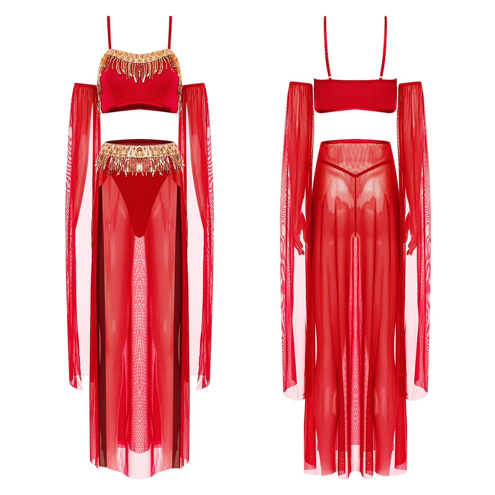 Women Sexy Belly Dance Costumes Sequin Tassel Crop Top and Slit Maxi Skirt with T-back Club Set for Pole Dance Dunhuang Dance