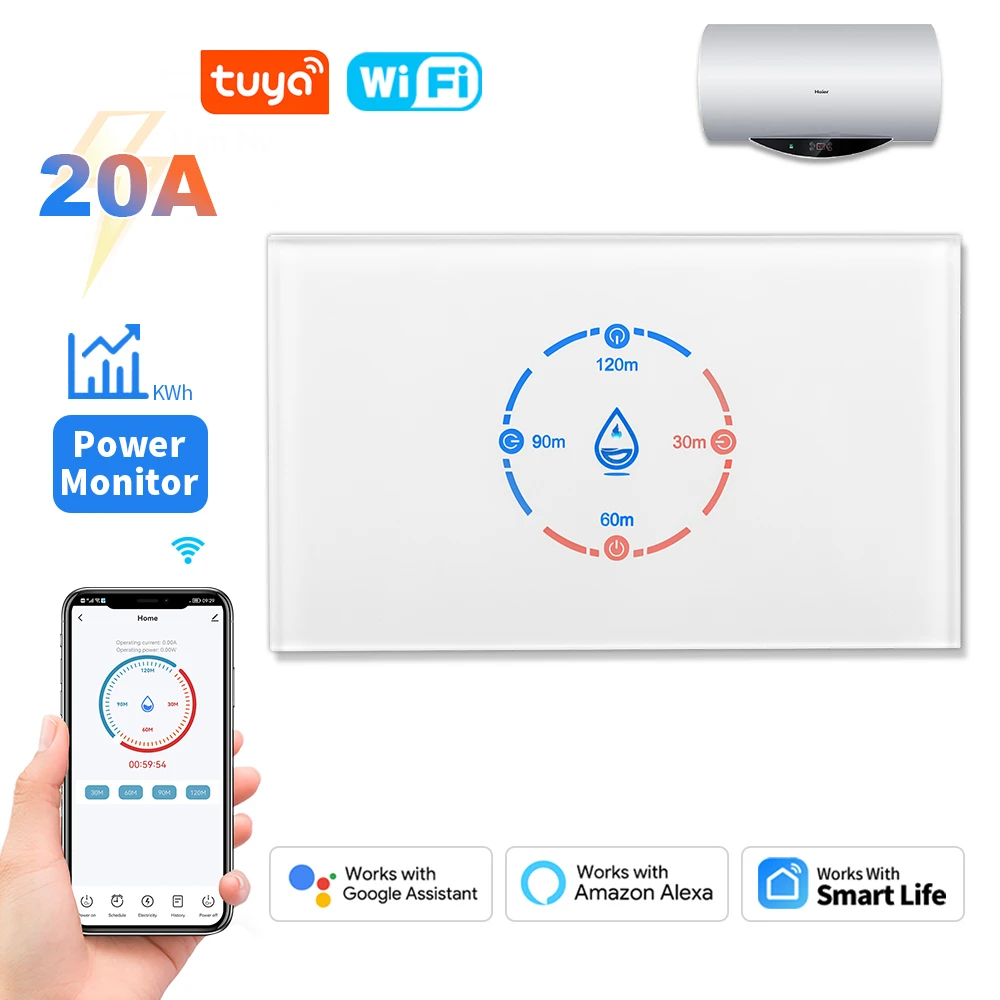 Smart Boiler Switch Tuya WiFi with Energy Monitoring 4400W Smart Water Heater Switch 20A US Standard APPVoice Control Goole Home