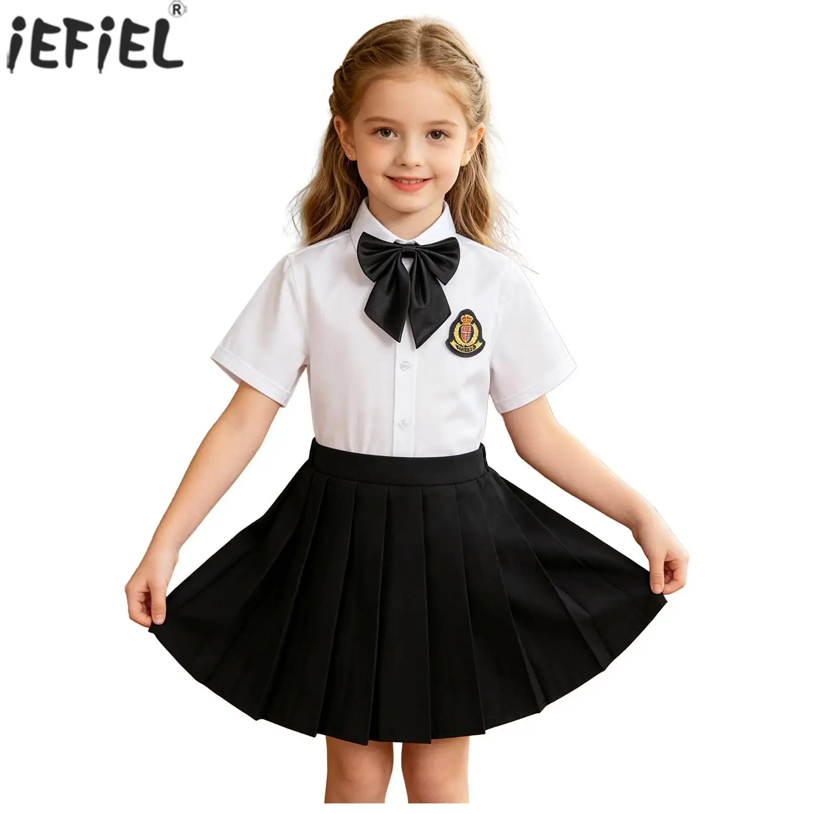 Kids Girls JK School Uniform 4-piece Outfit Short-sleeve Button Shirt with Pleated Skirt Bow Badge Casual Children Clothes 6-14Y