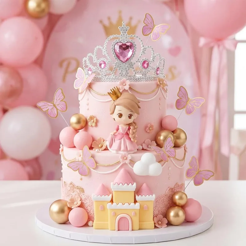 24pcs Princess Castle Cake Toppers Girls Birthday Party Decorations Princess Cake Decorations Crown Cake Topper Supplies view 5