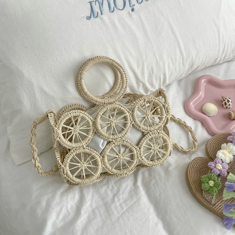 

2026 New Boho Straw Crossbody Bag for Women Hollow Circle Woven Raffia Tote Summer Beach Vacation Shoulder Handbag for Ladies