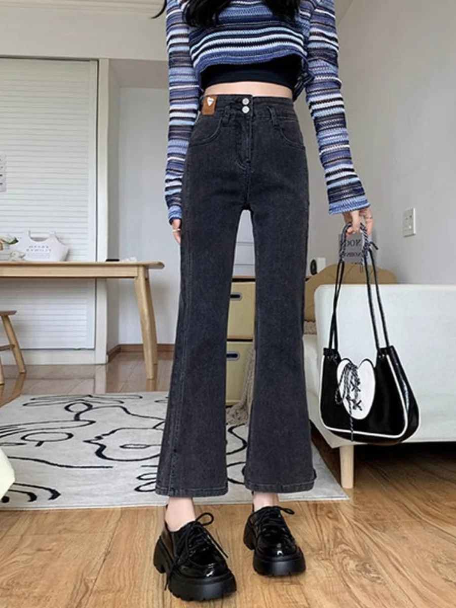 High Waist Bell Bottom Jeans Women's Autumn Winter plus Size Flared Pants Slimming Black Split Vintage Look Nine-Tenths Length