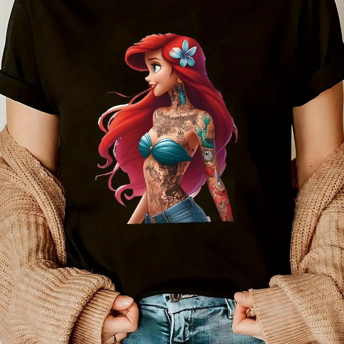 أحدث تي شيرت حورية البحر أرييل الأكثر مبيعًا بأكمام قصيرة وفضفاض يسمح بمرور الهواء للنساء من القطن الخالص لصيف 2025 #1