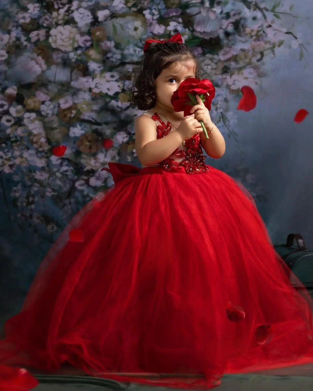 

EVLAST Red Lace Crystals Flower Girl Dress for Weddings Beaded Crystal Ball Gown Tulle Lilttle Kids Birthday Pageant Gown TFD031