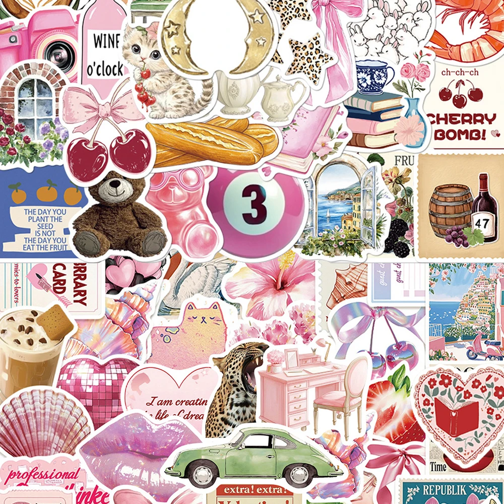 10/30/50/100 Stück Niedliche Rosa Ästhetische Kunst-Aufkleber Retro Y2K Mädchen Cartoon-Sticker Dekoration für Gepäck, Handy, Notizbuch, Gitarre