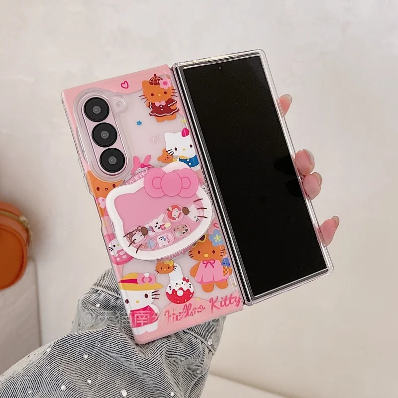 

Cute Hello Kitty Cartoon Magsafe Wireless Charge Phone Case For Samsung ZFold 3 4 5 6 ZFold7 Pink Kitty Shake Magnetic Holder