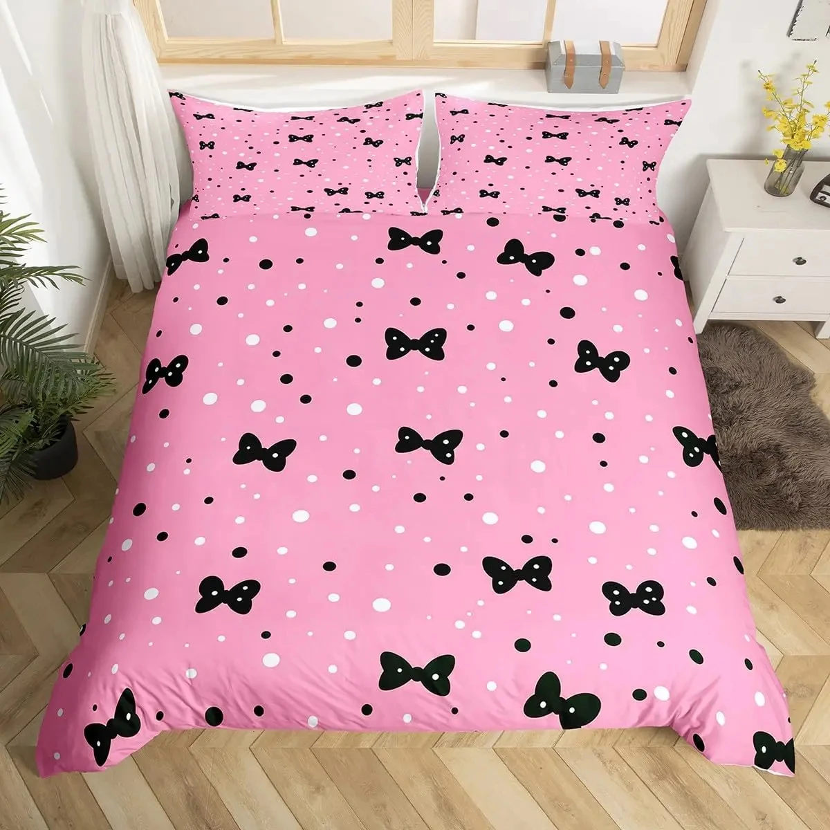 Simple Bow Knot Duvet Cover Twin Size,Cartoon Kawaii Bedding Set,Cute Bows Ribbon Printed Comforter Cover for Girl Women Bedroom