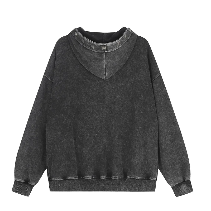 Men's Fashion High Street Loose Fit Hip Hop Hoodies With Rivets Streetwear Retro Rock Sweatshirt Washed Vintage Outerwear