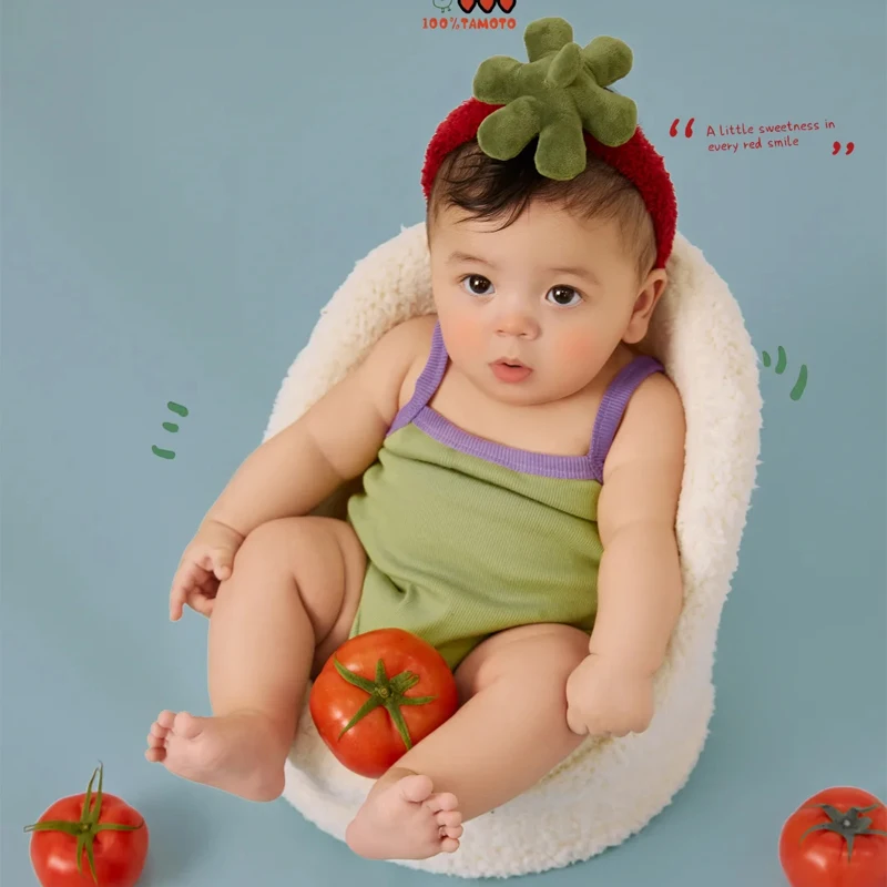 かわいいトマトフルーツをテーマにした赤ちゃんの写真撮影用衣装-グリーンロンパース-レッドヘッドバンド-ヘッドスカーフ-新生児用衣装-スタジオ撮影用