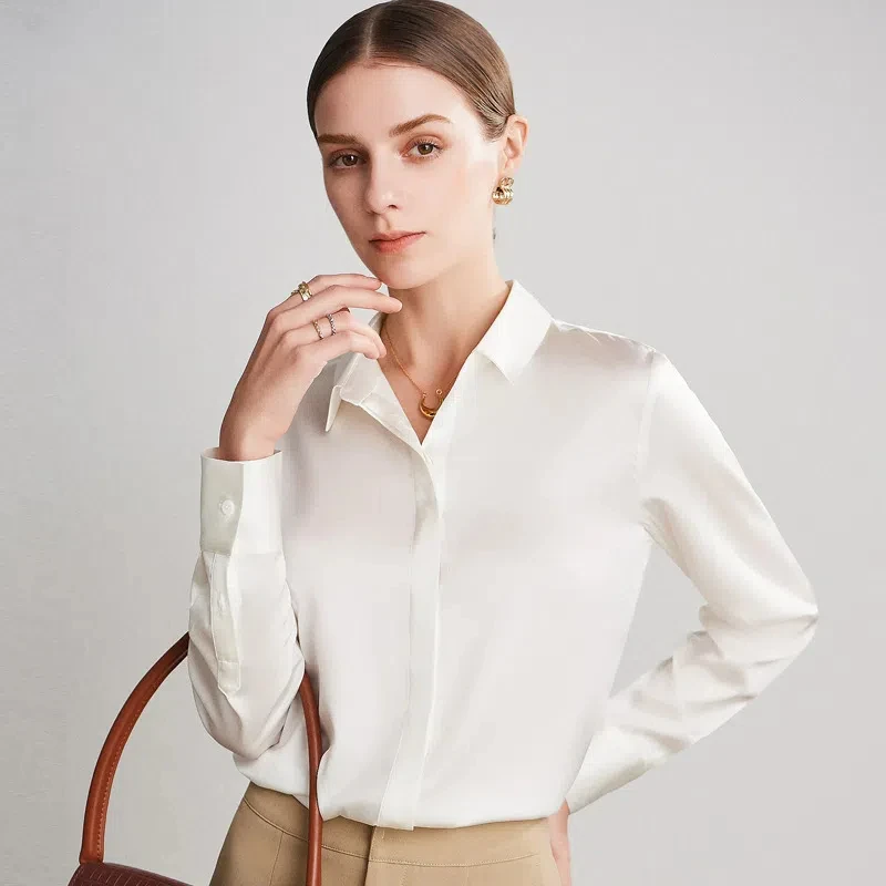 Women's Silk Top Office Lady Tops Fashion Shirt Blouses Outerwear 2024 New Real Mulberry Silk Lapel Long-sleeved Shirts Blouse