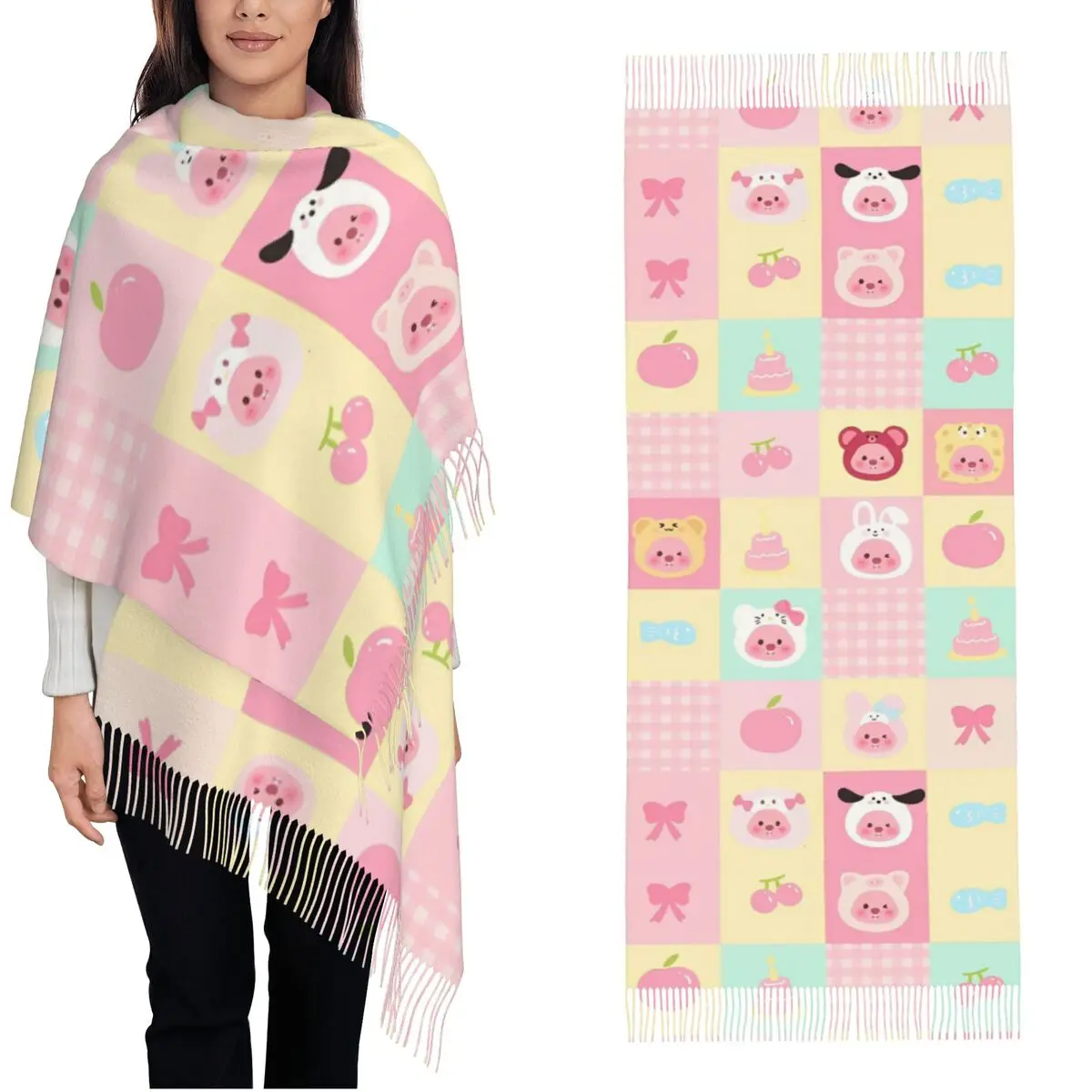 Women's Tassel Scarf Zanmang Loopy Check Cartoon Large Winter Fall Shawl and Wrap Cute Kawaii Gifts Pashmina Scarves