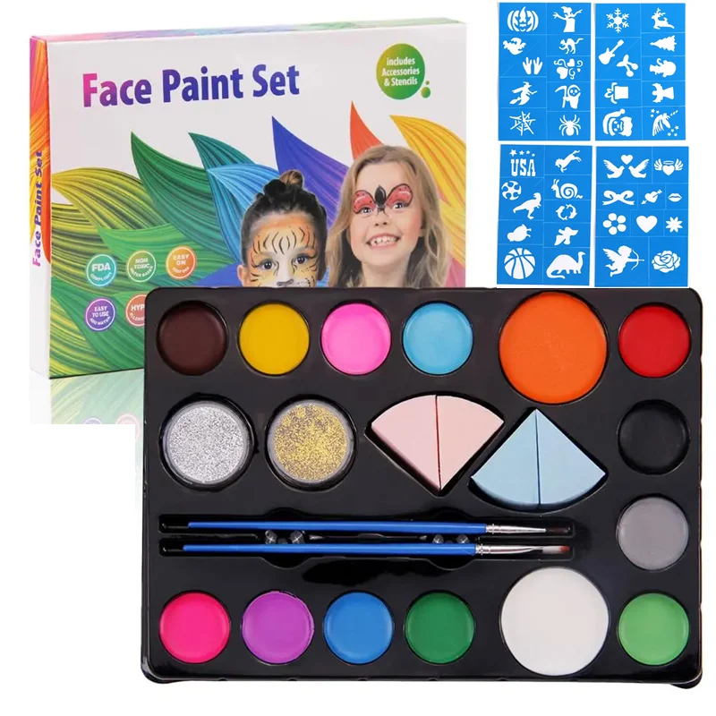 Kit de pintura facial, pintura corporal para la cara con 14 colores, 2 purpurinas, 2 pinceles, 4 esponjas, 9 plantillas para maquillaje de fiesta de disfraces de Halloween