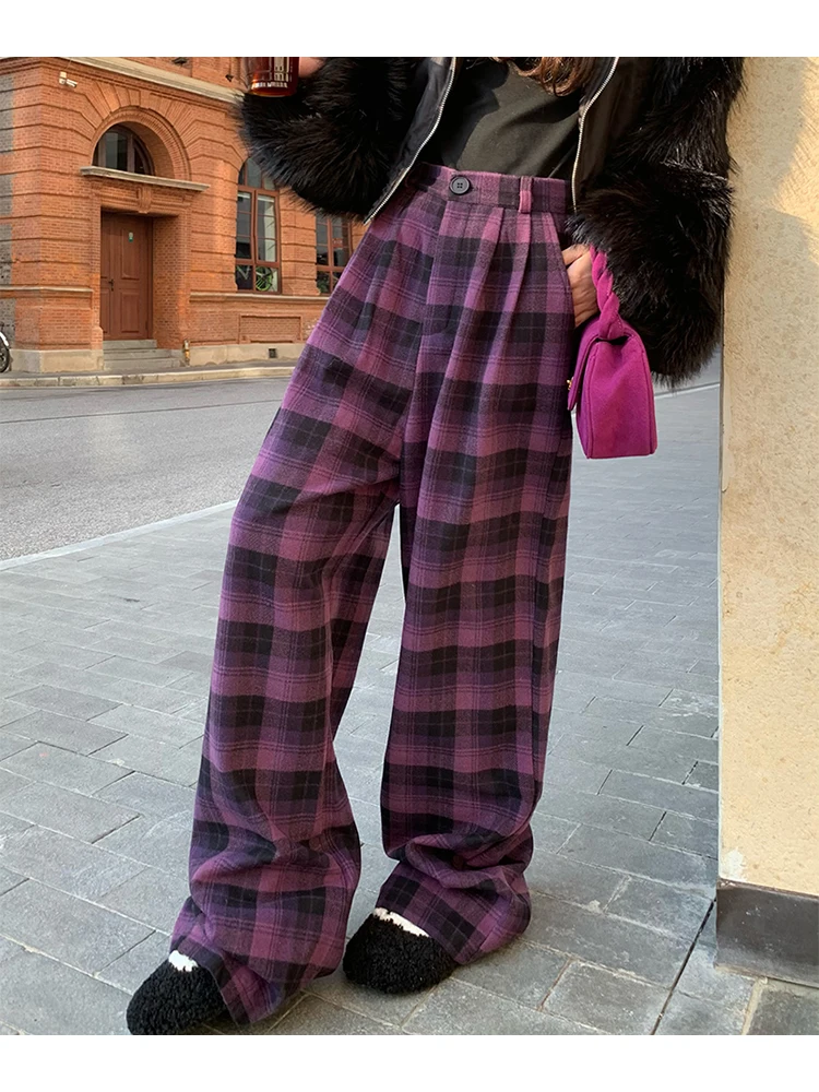 Women Plaid Sweatpants Harajuku Streetwear Fashion Y2k High Waist Oversize Purple Pants Vintage Wide Trouser 2000s Clothes 2024