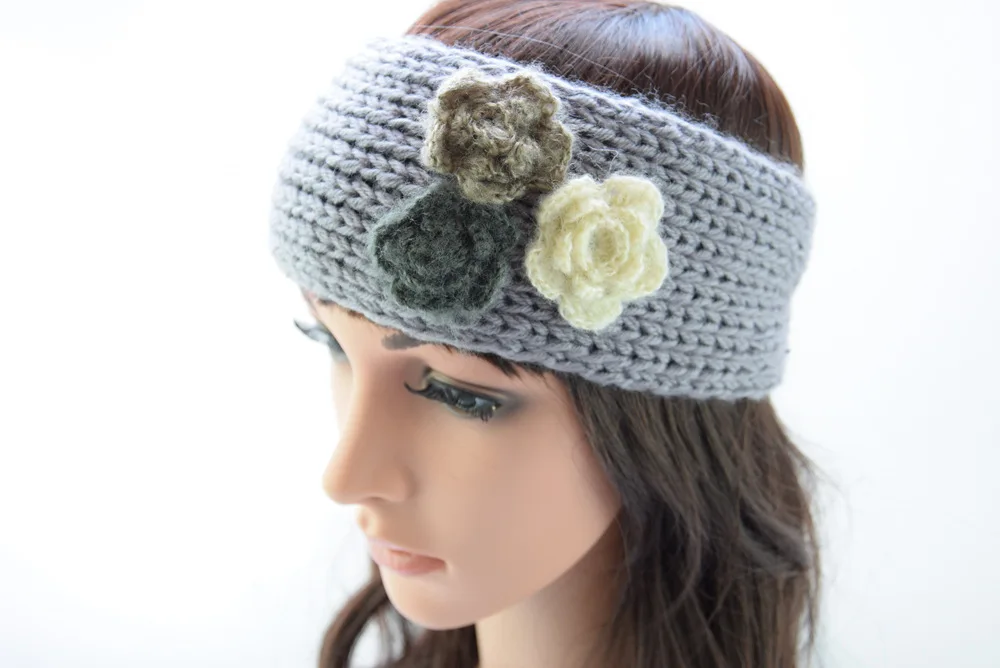 Elegant Sweet Three Flowers Wool Knitting Headband With Button Women Knit Hair Bands Wide Turban Hair Accessories Headdress