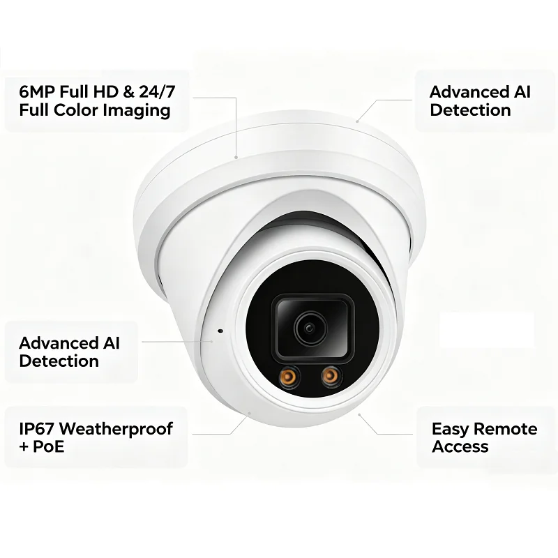 6MP Dome Camera 2.8mm F1.0 Lens IMX335 CMOS 24/7 Full Color AI Face Human Vehicle Detection IP67 Waterproof PoE Surveillanc