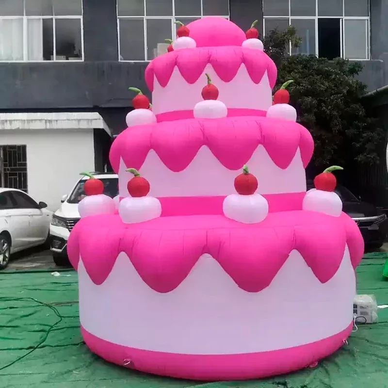 Globo inflable gigante rosa para pastel de feliz cumpleaños con cereza roja para decoración de fiesta de aniversario