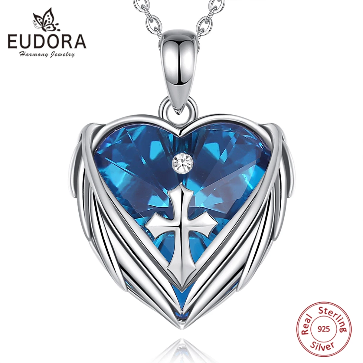 

Eudora Real 925 Sterling Silver Heart Cross Neckalce Luxury Blue Austrian Crystal Heart Pendant Trendy Jewelry for Women Gift