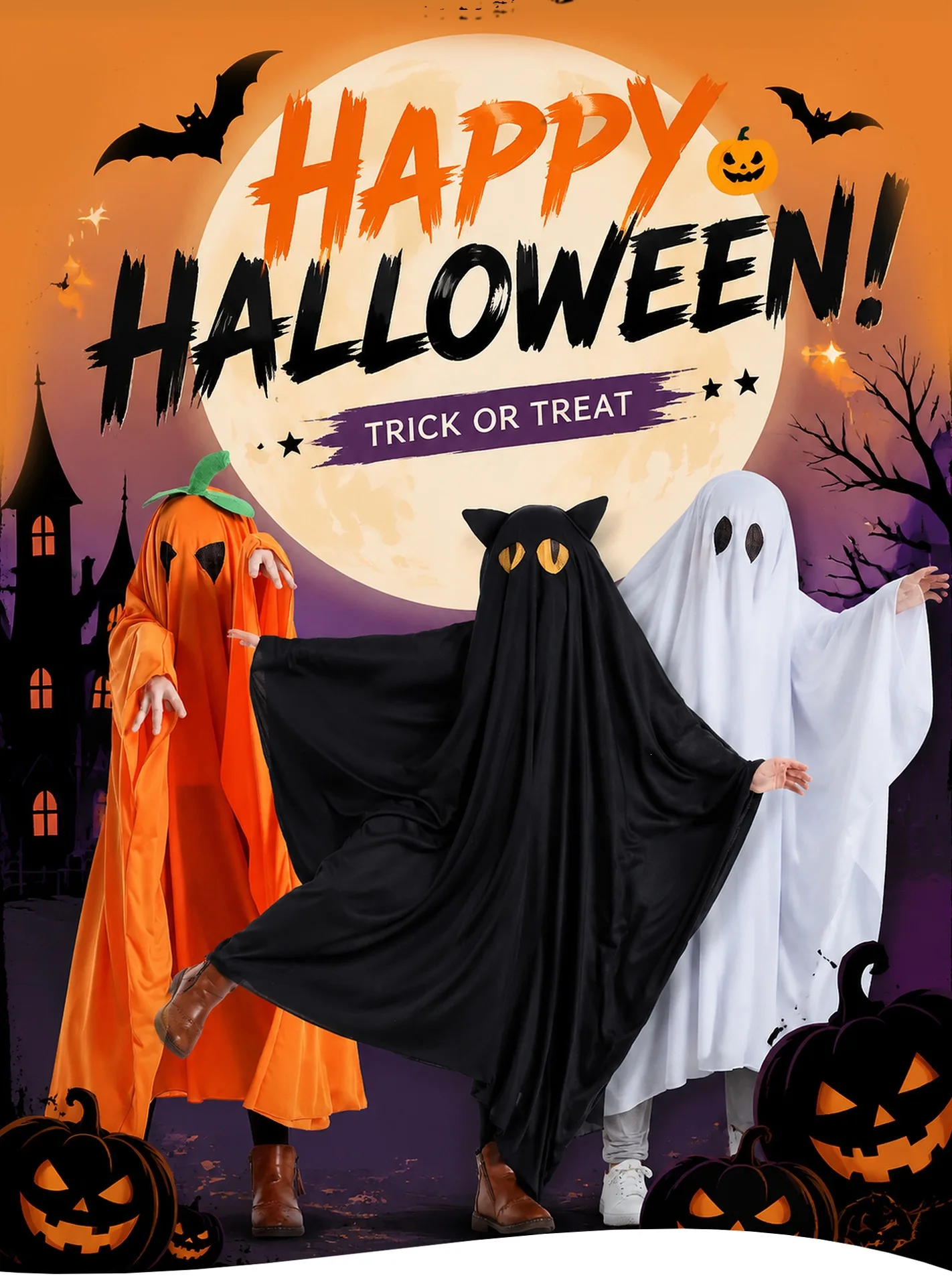 Kostüm für Kinder, Halloween-Geisterkostüm, weicher, lockerer Kapuzenmantel, süßer Kürbis, schwarze Katze, Geisterumhang, lustiges, gruseliges Party-Cosplay-Outfit 2026 – Detail 1