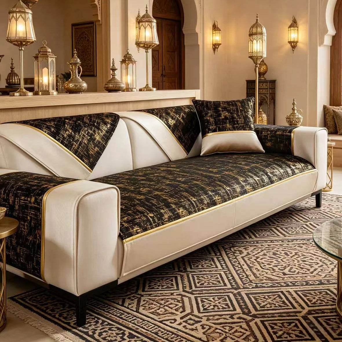Light Luxury Gilded Velvet Sofa Cover, with Contrast Solid Hem Sofa Towel, for Living Room All Seasons Couch Seat Cover