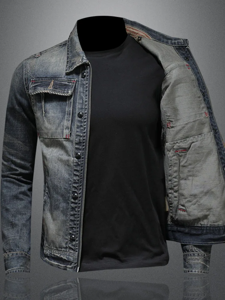 Spring Autumn Ripped Vintage Jean Jacket Men\'s High Quality Large Pocket Moto Denim Jacket