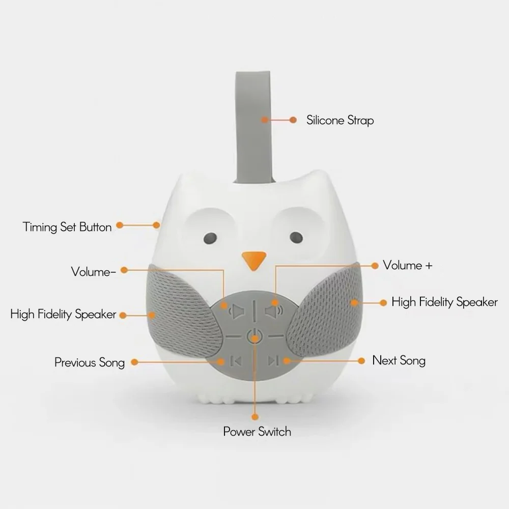 ZK30 Portable Owl White Noise Machine Baby Soother with 10 Light Music Songs 2 Natural Sounds Silicone Strap for Infants Toddler