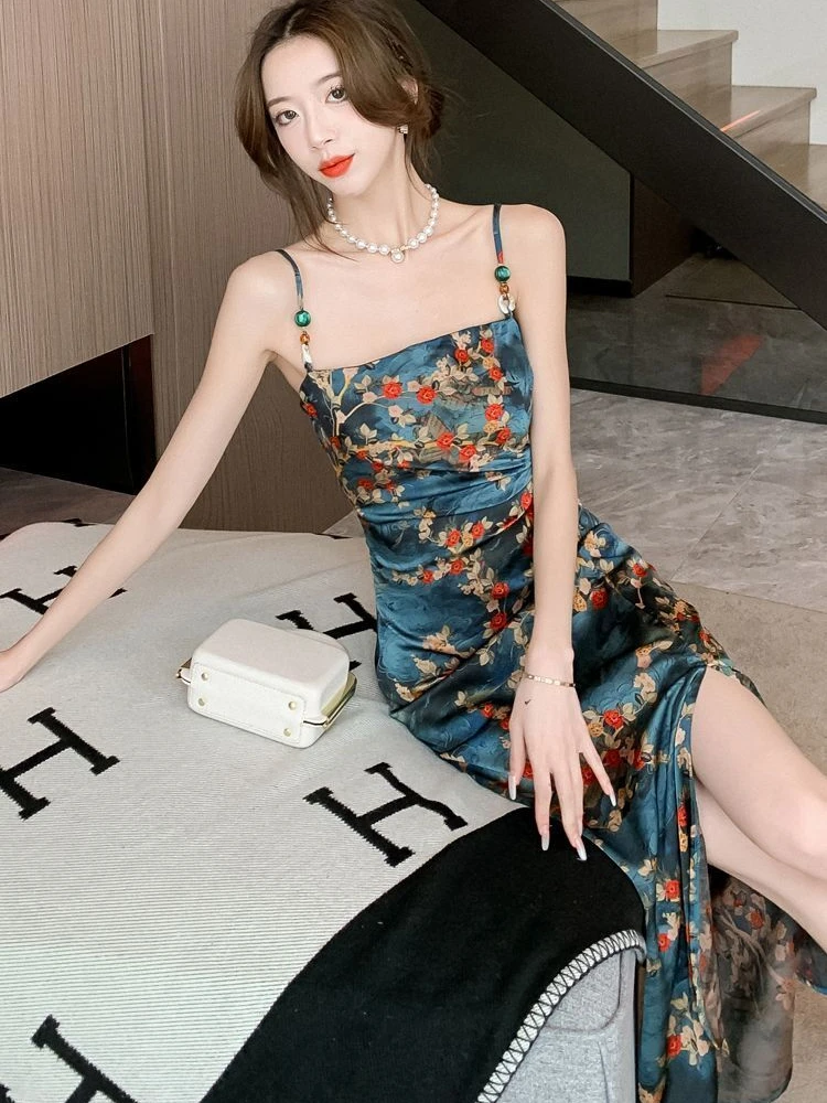 Sleeveless Midi Dresses Women Side-slit Floral Print Chinese Style Vintage Hip Wrap Summer Lady Vestidos Tender Seductive Chic