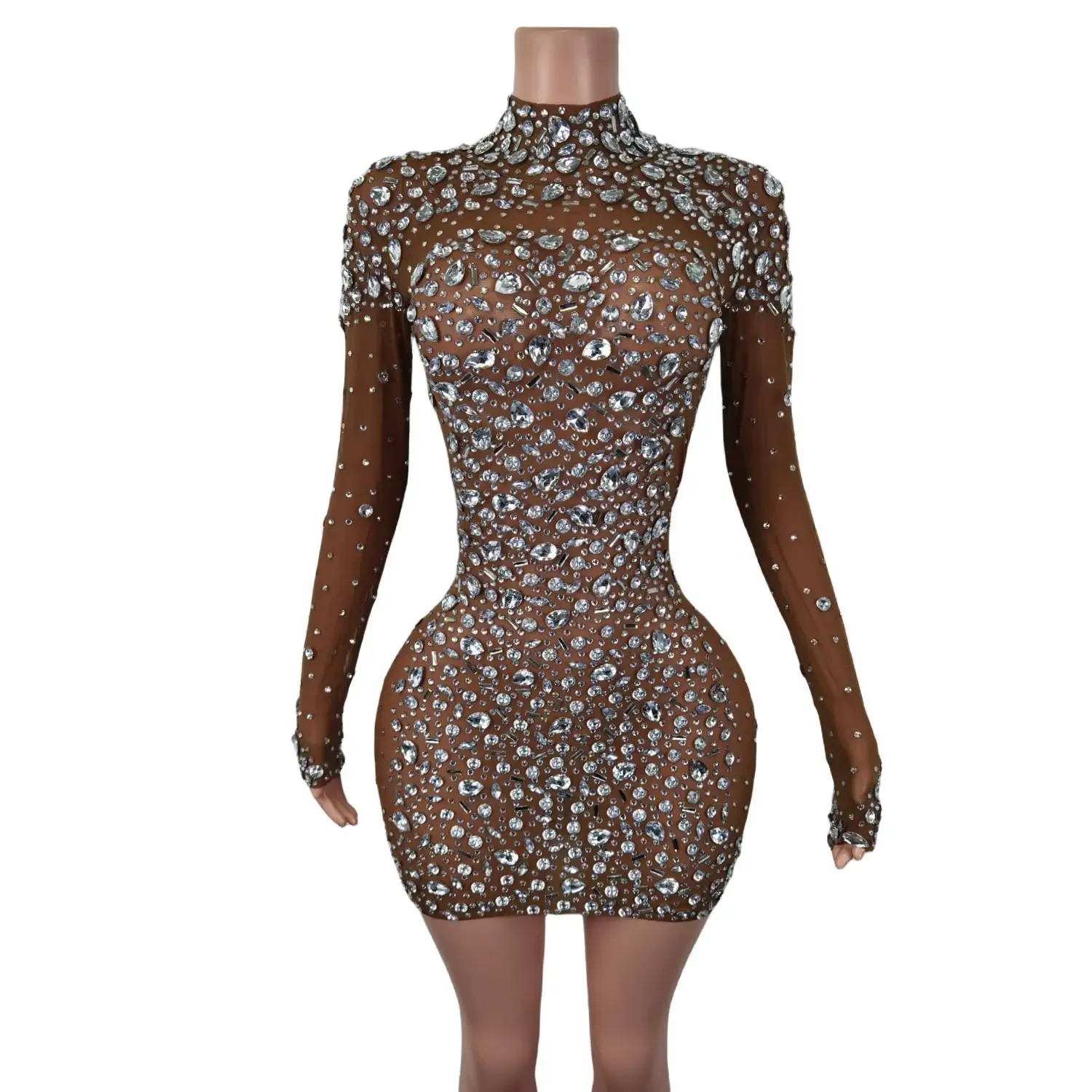 Sparkly Rhinestones Sexy Women Long Sleeve Dress Fashion Birthday Women Party Prom Night Club Gowns Stage Performance Costumes