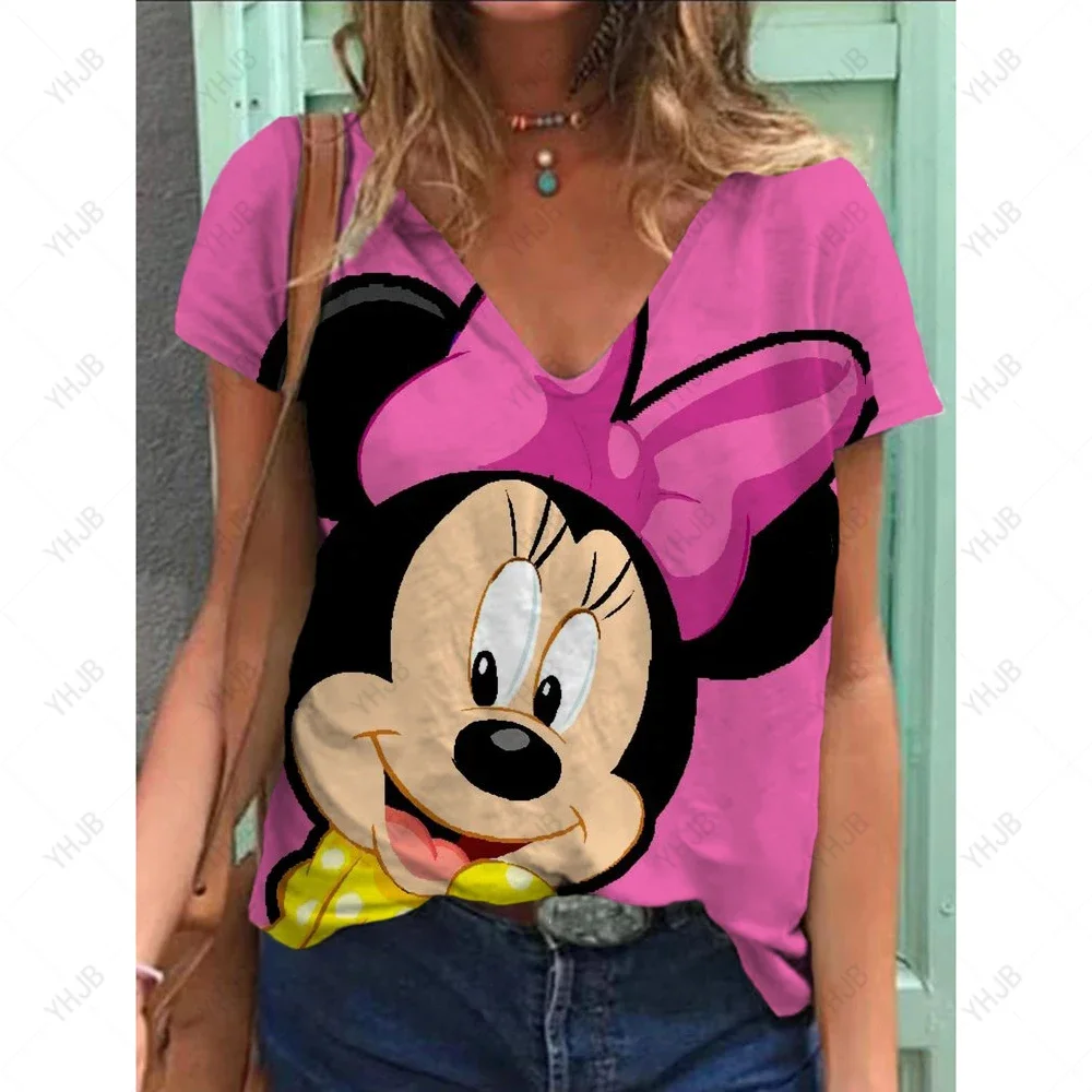 Oversized Summer Mickey Mouse Print T Shirt Women Short Sleeve 3D Disney Minnie Shirt Fashion Casual V-Neck Ladies Loose Top