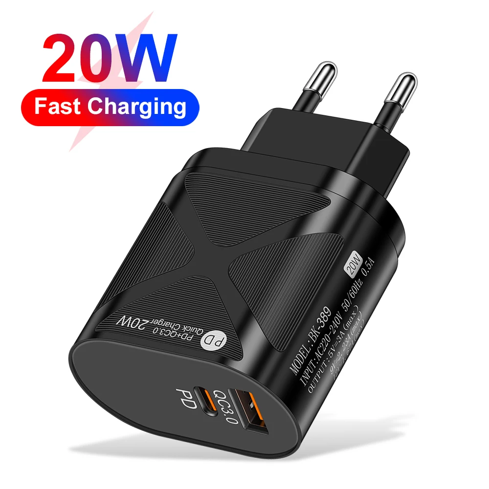 شاحن USB-C مزدوج المنافذ بقوة 20 واط، شاحن سريع للهاتف، محول شحن QC3.0، متوافق مع iPhone 17 وSamsung وXiaomi وHuawei، شاحن حائط من النوع C.