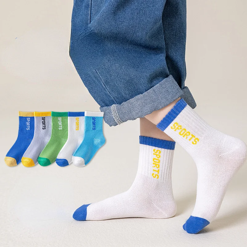 5 Pairs Kids Sports Socks Color Block Letter Print Soft Cotton Mid‑Calf Breathable Casual Socks For Boys Girls